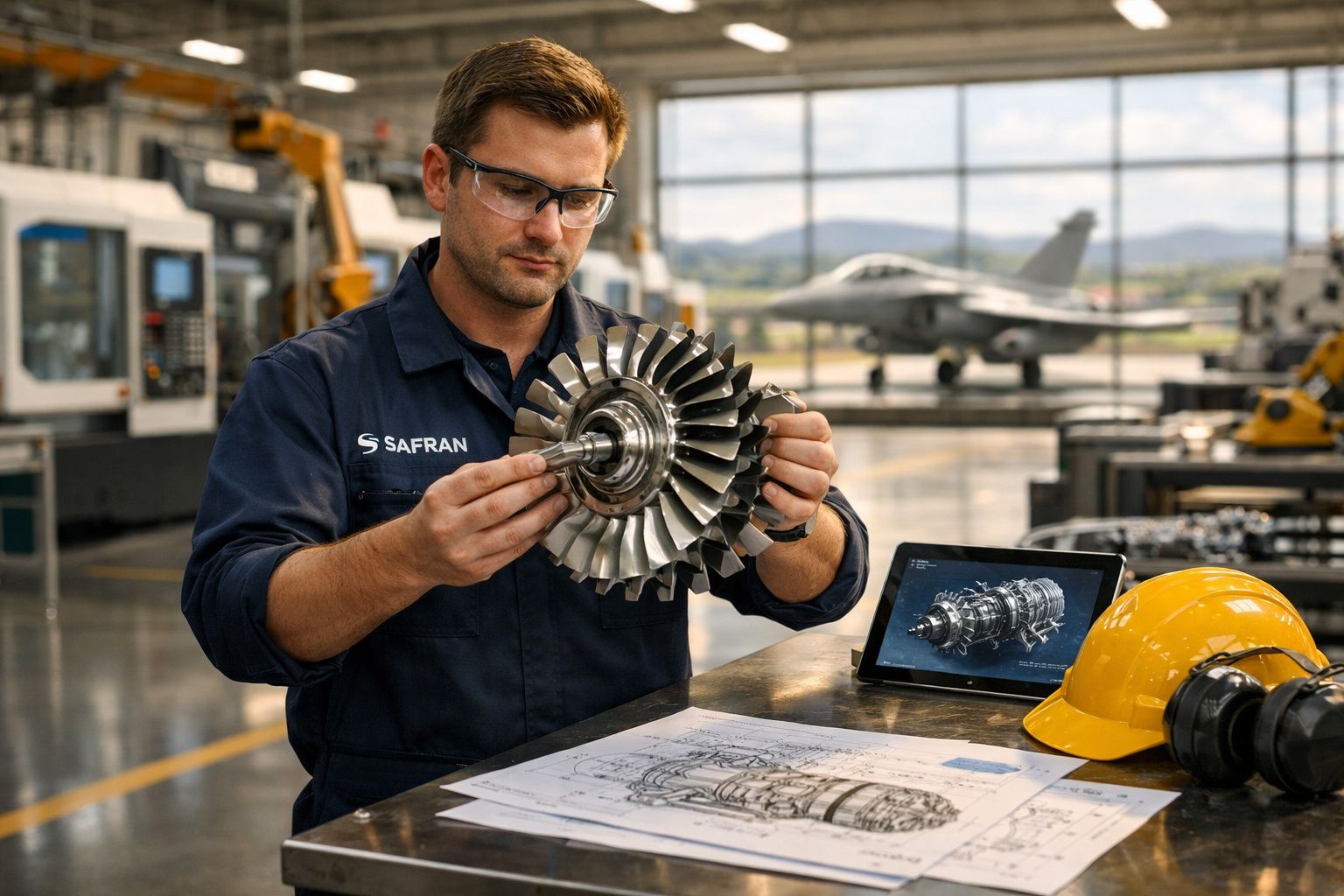 Engenheiro em oficina a inspecionar componente de turbina com avião ao fundo e planta técnica na mesa.