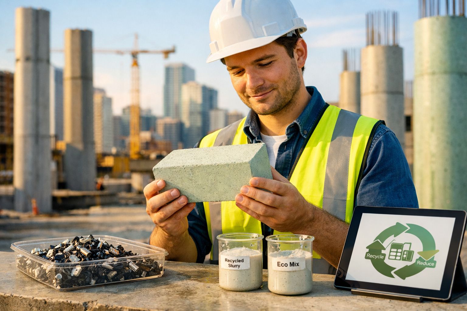Homem com capacete e colete reflete sobre bloco de construção sustentável num estaleiro com material reciclado.