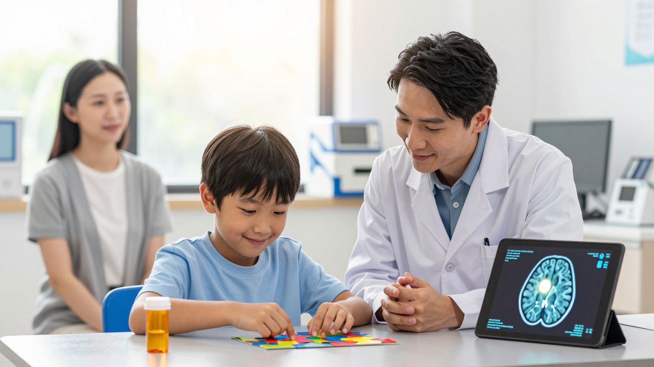 Criança a fazer puzzle em consulta com médico, mãe observa, imagem de cérebro digital visível em tablet.