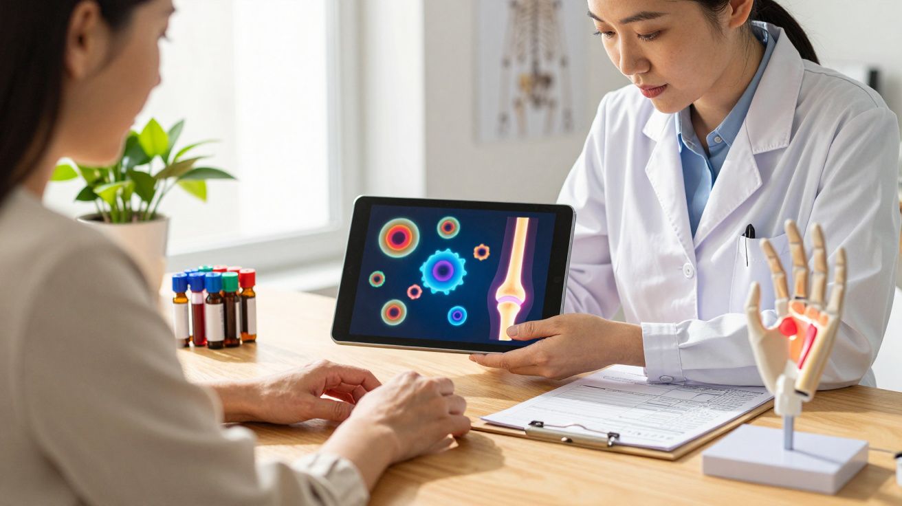 Médica mostra a paciente imagens digitais de ossos e células durante consulta de saúde óssea.