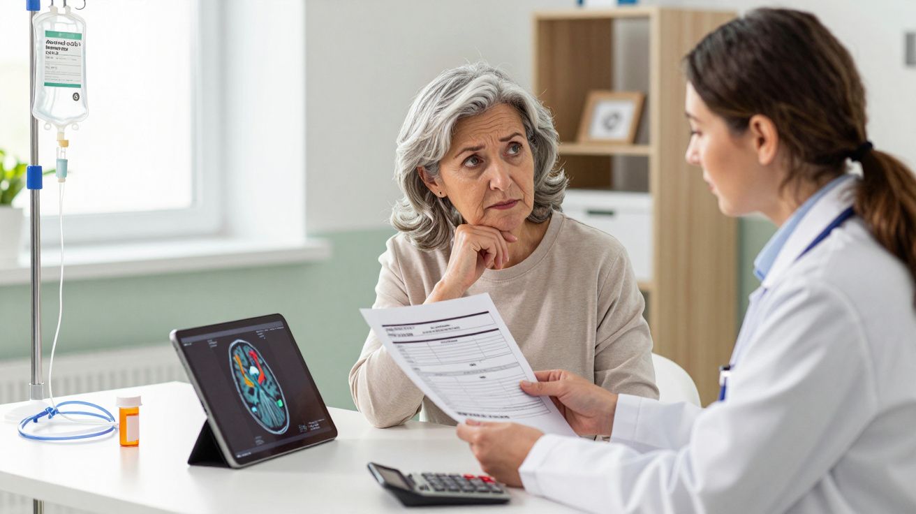 Médica mostra resultados de exame cerebral a paciente idosa preocupada, sentados numa consulta médica.