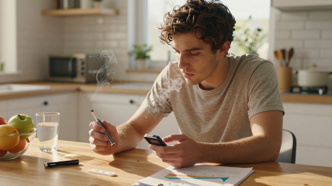 Homem jovem sentado à mesa na cozinha, a fumar vape e consultar o telemóvel, com documentos à sua frente.