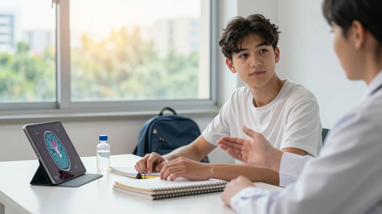 Jovem atento a profissional de saúde durante consulta, com imagem de cérebro num tablet à frente.