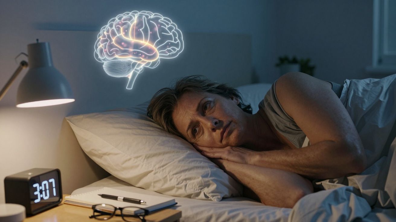 Mulher deitada na cama acordada de madrugada com ilustração do cérebro brilhante acima da cabeça.