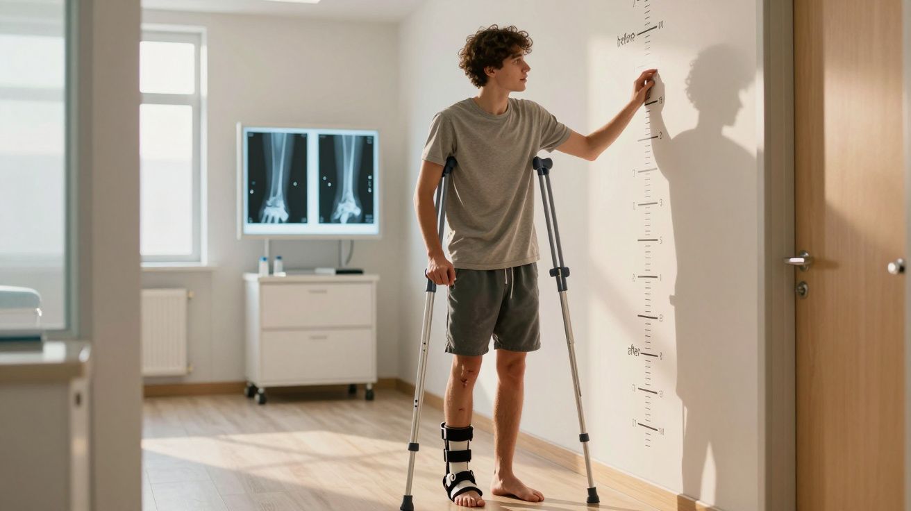 Jovem com bota ortopédica e muletas mede a altura numa parede numa clínica médica.