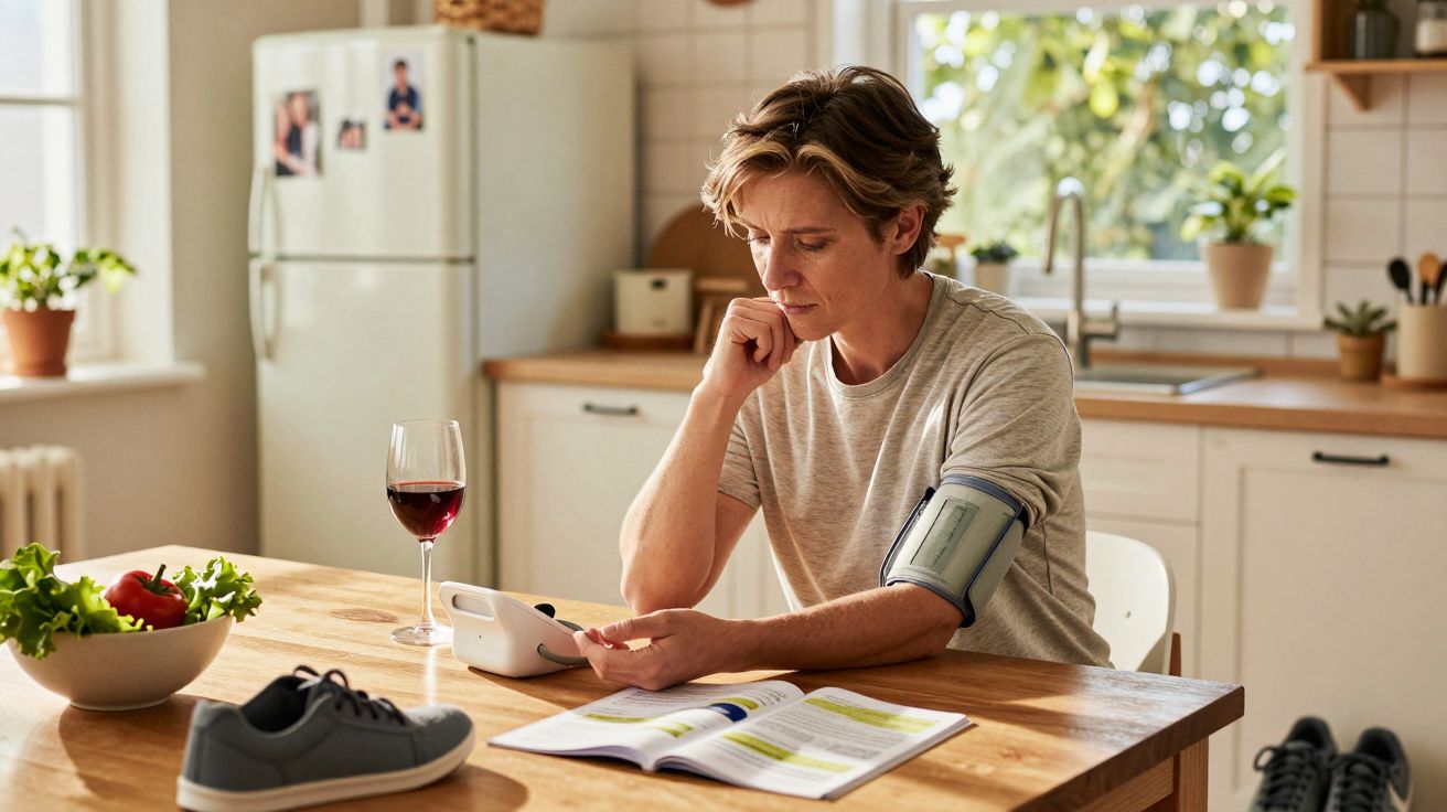 Pessoa a medir a pressão arterial em casa, sentada à mesa na cozinha com tensiómetro e livro aberto.