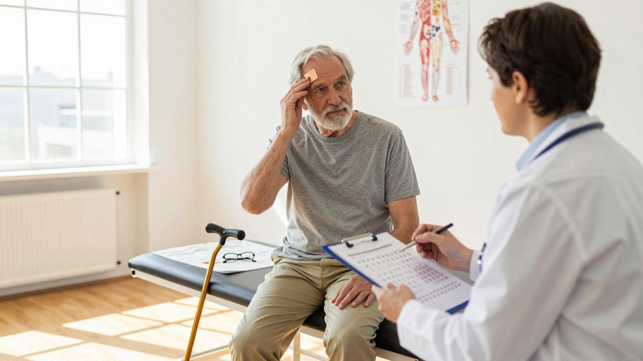 Homem idoso com penso na cabeça consulta médico sentado em mesa clínica num consultório.