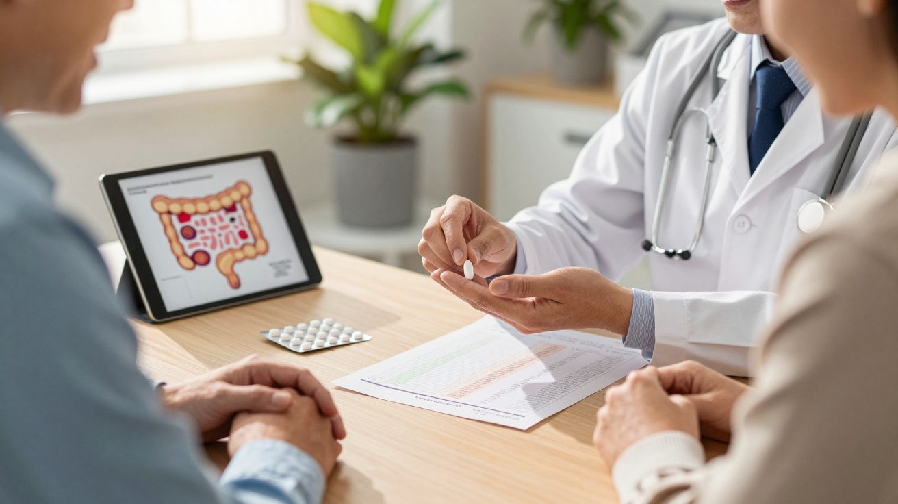 Médico a explicar medicação a um casal, com imagem do intestino num tablet no consultório.