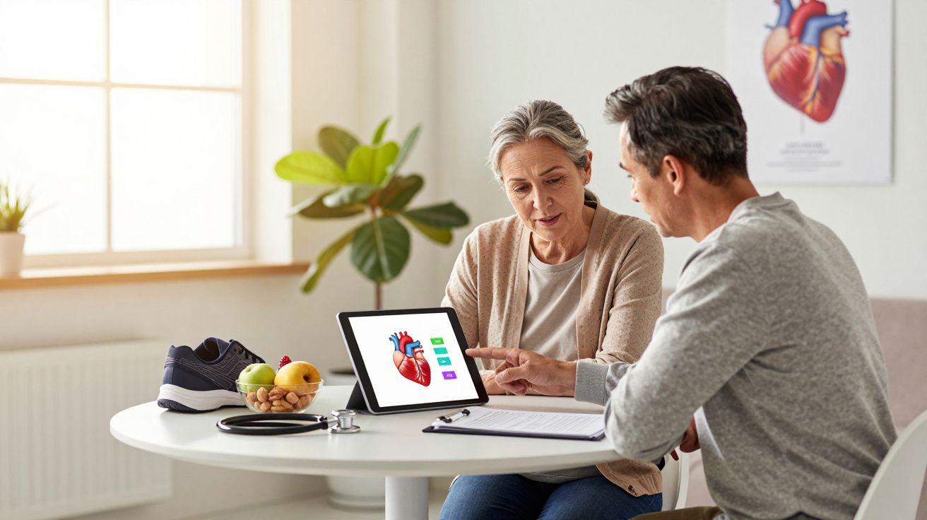 Médico mostra imagem de coração a paciente sénior durante consulta numa sala iluminada.