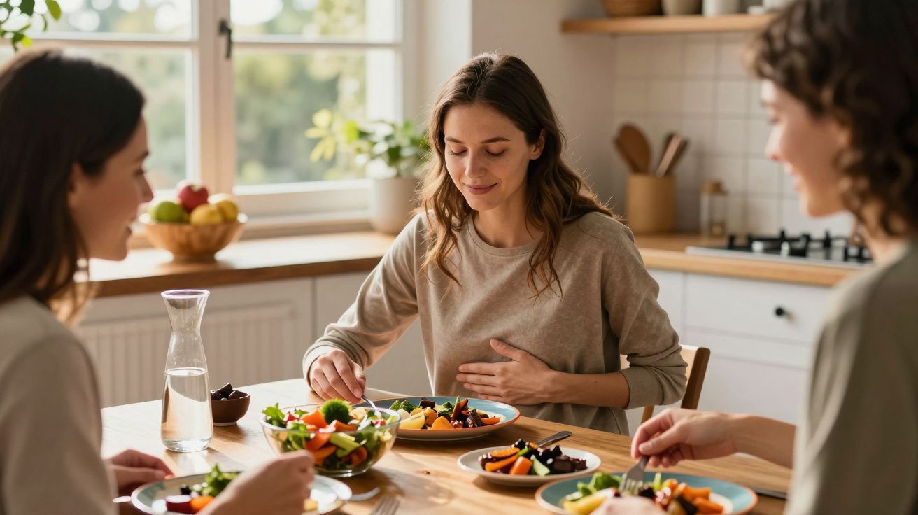 Três mulheres a almoçar juntas com pratos de saladas e legumes numa cozinha iluminada.