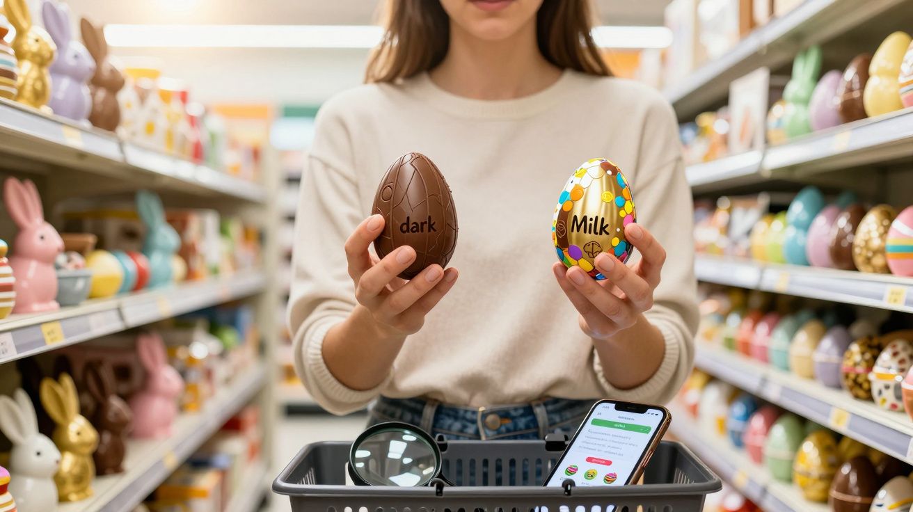 Pessoa num supermercado a segurar dois ovos de Páscoa, um de chocolate escuro e outro de chocolate de leite.