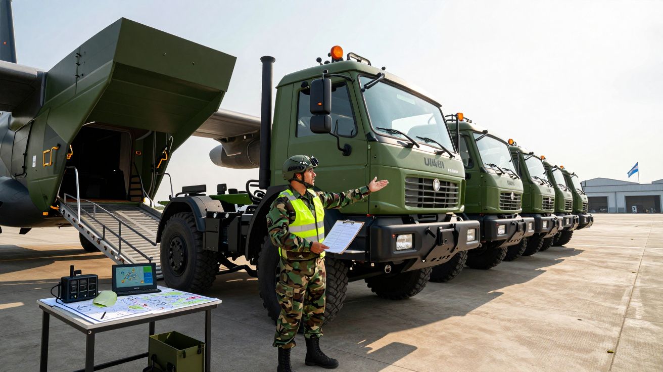Soldado em colete refletor junto a camiões militares verde-oliva alinhados junto a avião de transporte militar.