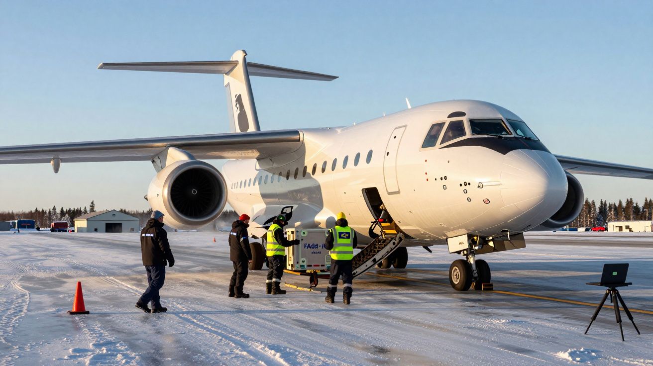 Avião branco no aeroporto com pessoas a carregar equipamento na pista coberta de neve.