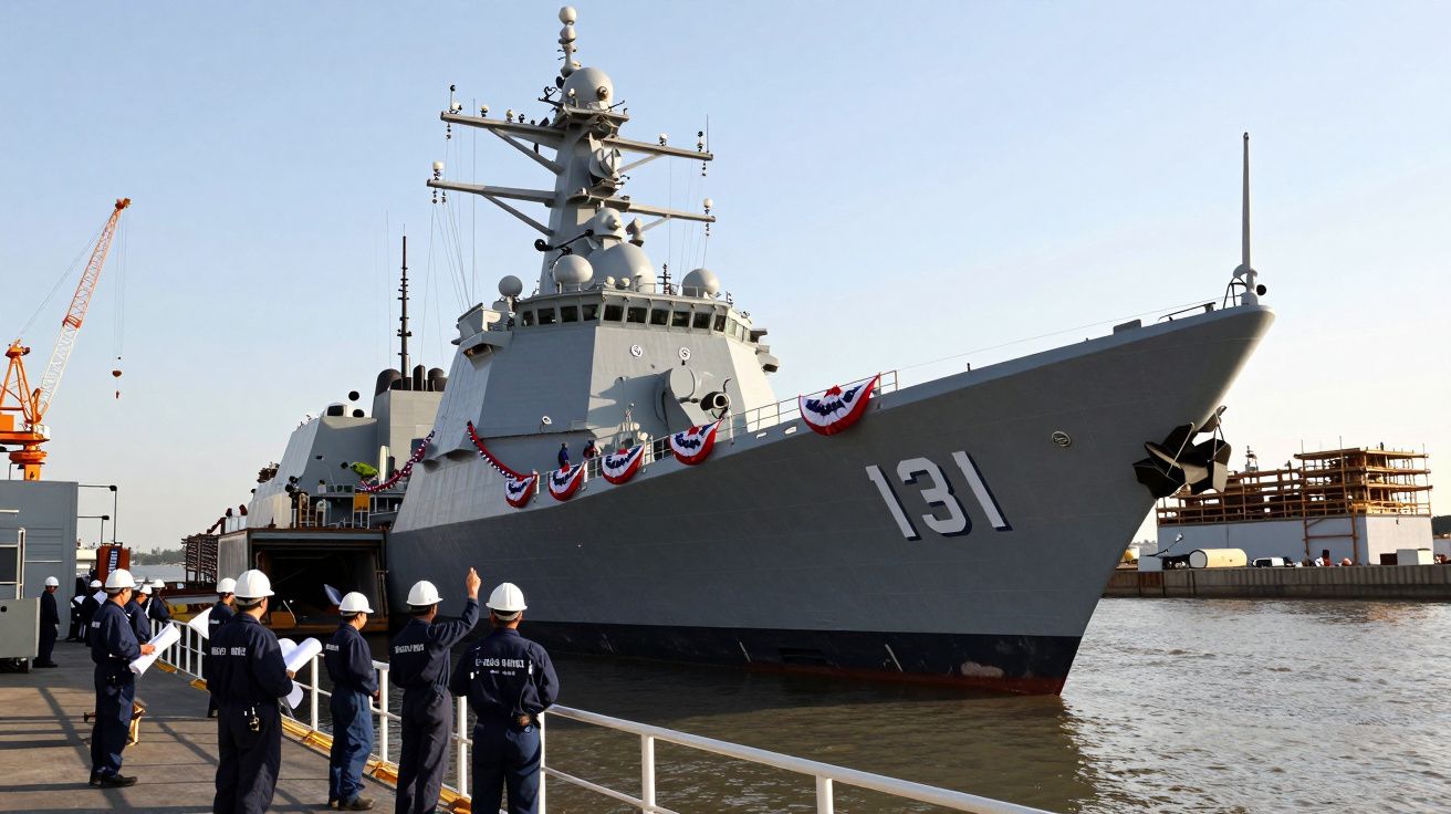 Navio militar de guerra cinzento decorado junto a doca com sete homens de uniforme azul e capacete branco.