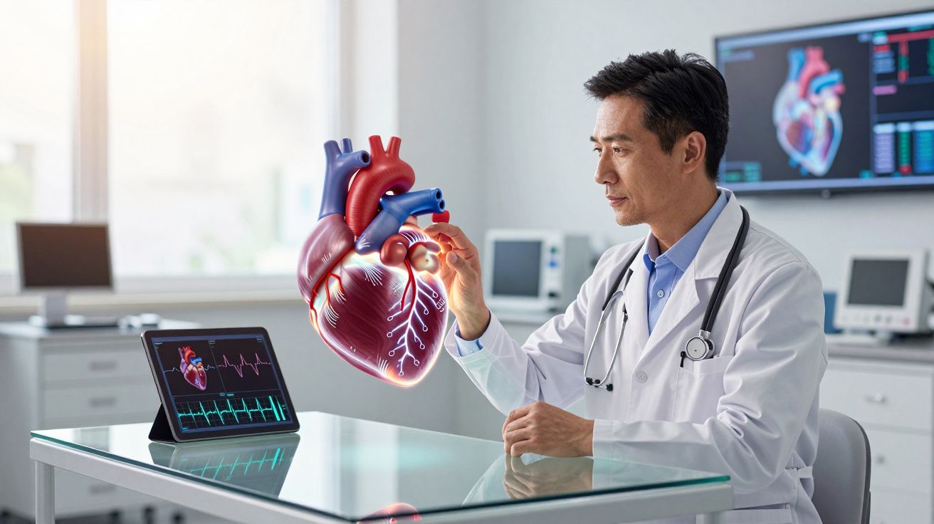 Médico em jaleco a estudar modelo anatómico do coração, com ecrã de ECG numa clínica moderna.