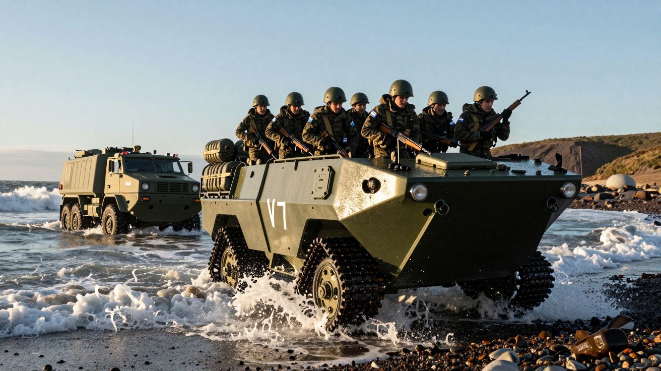 Veículo militar blindado com soldados armados atravessando a praia, seguido por camião militar.