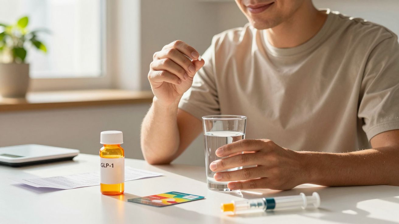 Pessoa segurando um comprimido e um copo de água, com medicamentos e seringa sobre mesa branca.