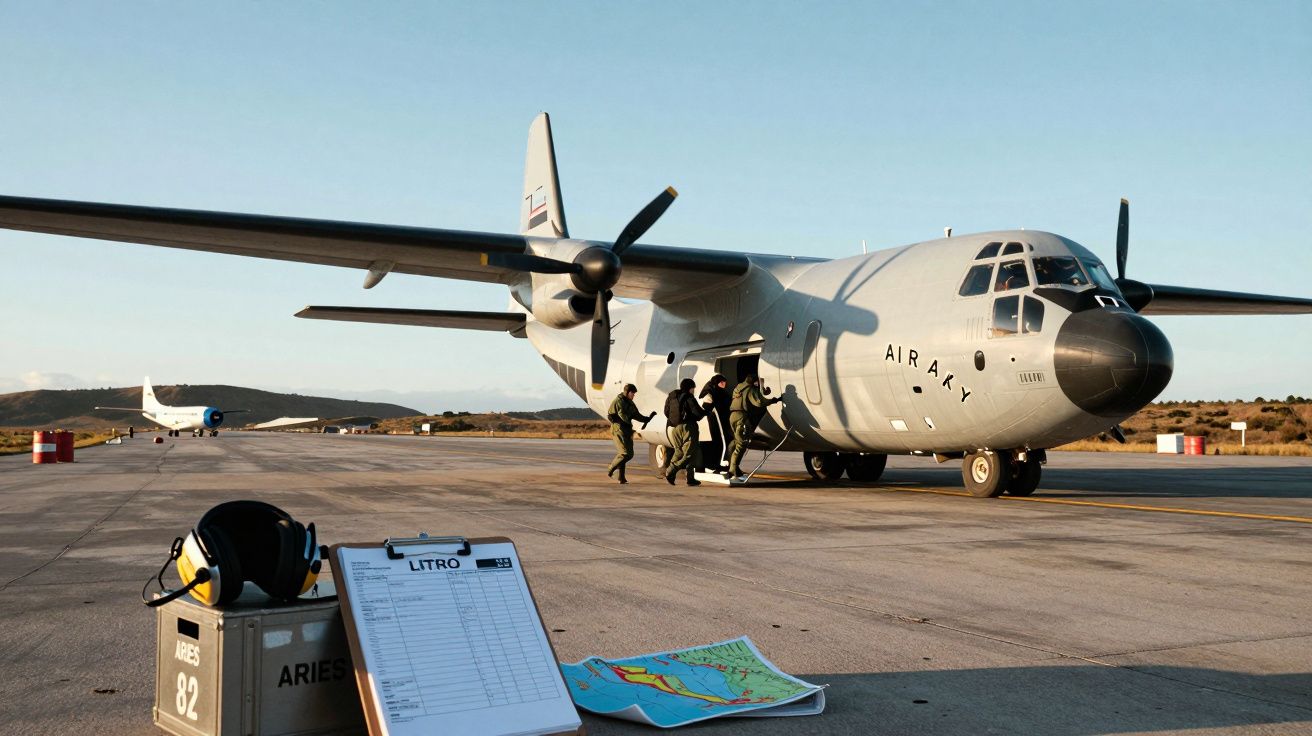 Avião militar cinzento no solo com tripulação a embarcar numa pista de aeroporto ao entardecer.