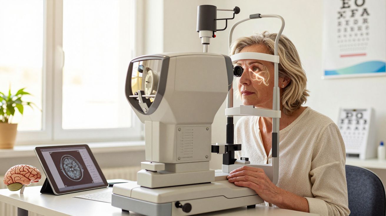 Mulher adulta a fazer exame ocular com equipamento oftalmológico numa clínica com luz natural.