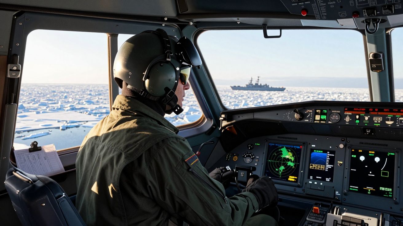Piloto militar a operar radar dentro da cabine de voo com navio de guerra visível no gelo exterior.