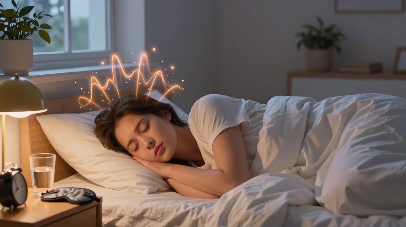 Mulher jovem a dormir tranquilamente na cama, com gráficos brilhantes que representam atividade cerebral.