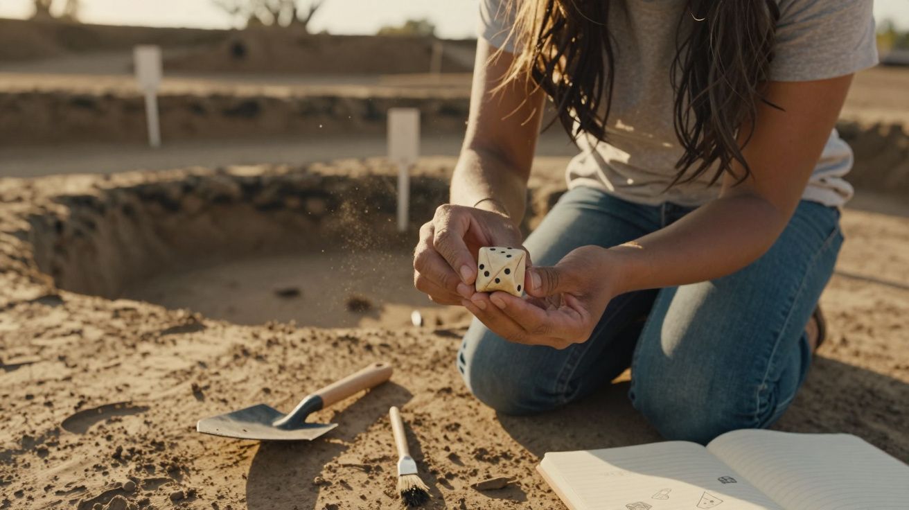 Pessoa ajoelhada numa escavação arqueológica a segurar um dado, com ferramentas e caderno no chão.