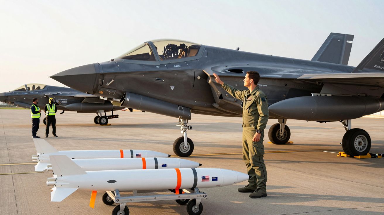 Piloto militar junto a jato de combate e mísseis no chão de uma base aérea sob luz do dia.