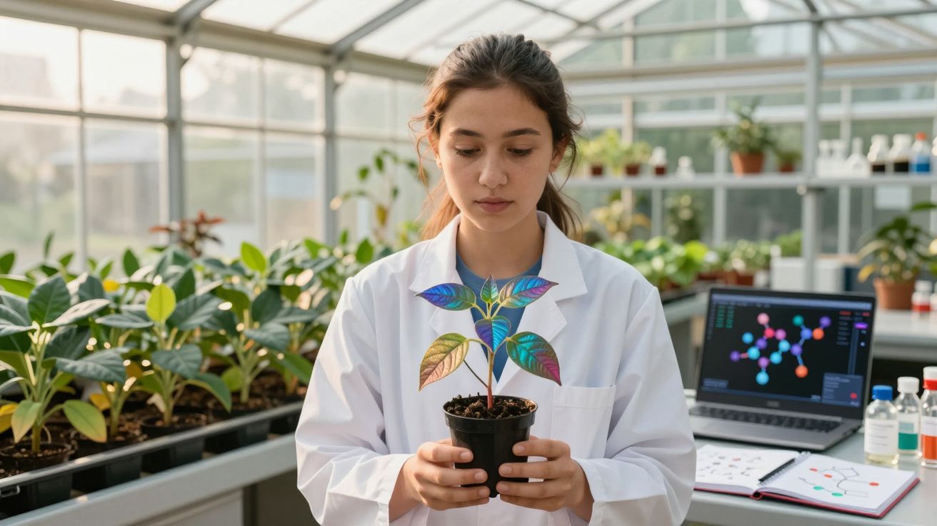Cientista de bata branca segura planta com folhas coloridas numa estufa com computador ao fundo.
