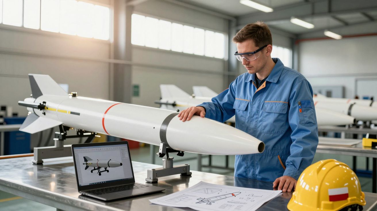 Engenheiro em macacão azul analisa modelo físico de míssil em oficina com capacete amarelo e computador.
