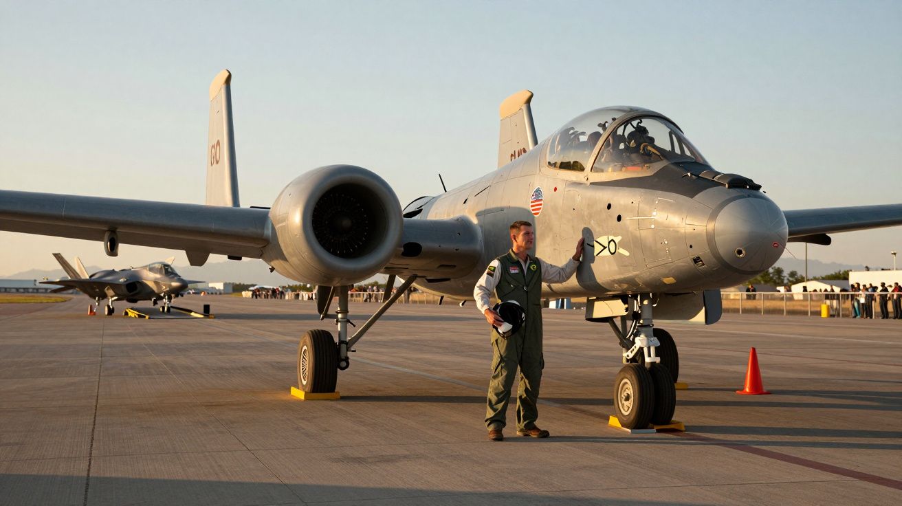 Piloto junto a aeronave militar A-10 Thunderbolt II estacionada numa pista de aeroporto ao pôr do sol.