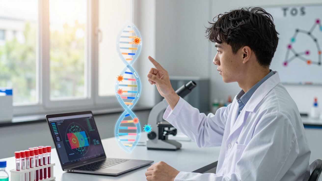 Cientista em laboratório analisa modelo digital de DNA com vírus próximo a laptop e tubos de ensaio.