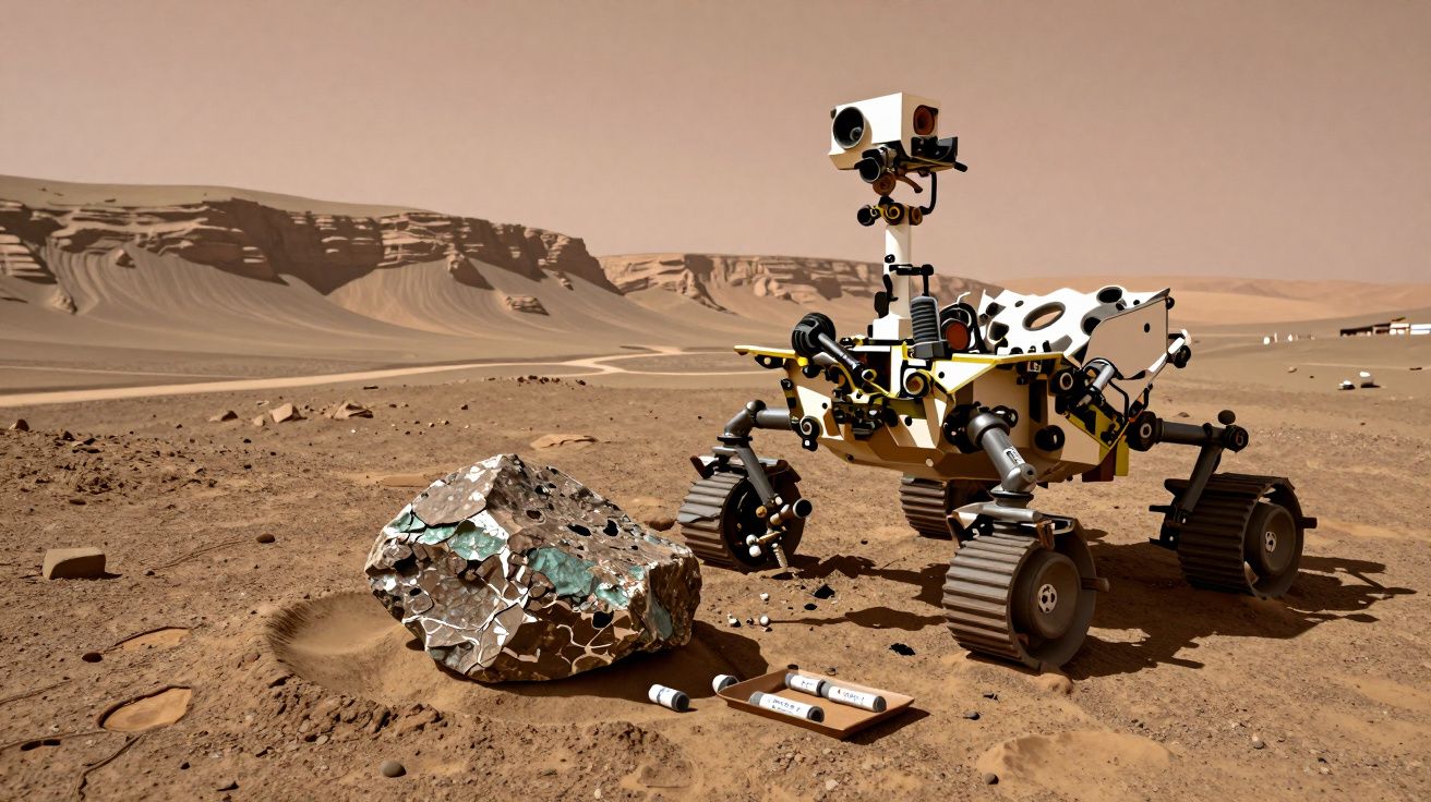 Rover exploratório em terreno marciano próximo a uma rocha metálica com amostras para análise científica.