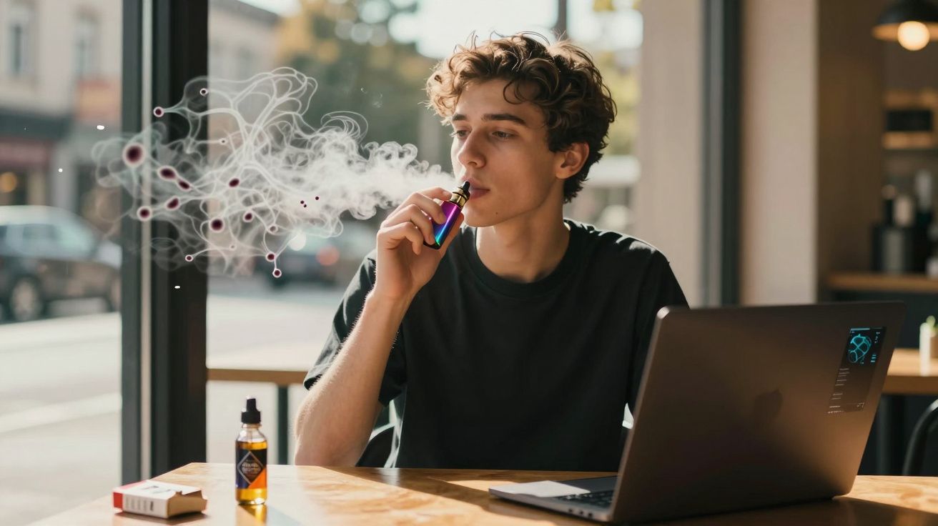 Jovem sentado numa mesa a fumar um dispositivo vape, com portátil aberto à sua frente, numa cafetaria.