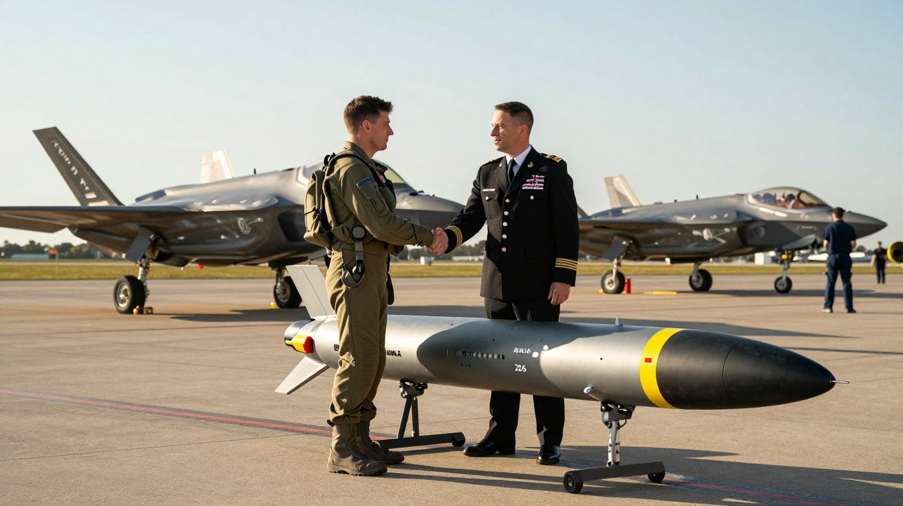 Dois militares apertam as mãos junto a aeronaves militares e um míssil exibido numa pista de aeroporto.