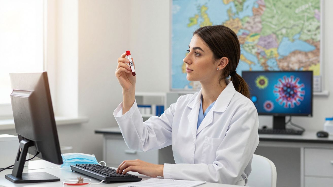 Mulher cientista em laboratório analisando tubo de ensaio com líquido vermelho perto de computador e mapa na parede.