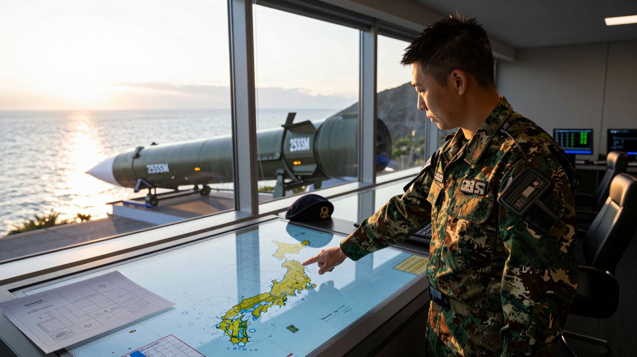 Militar em farda aponta para mapa digital de Japão com mísseis expostos junto a janela e mar ao fundo.