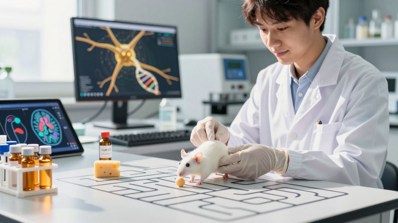Cientista a testar rato branco num labirinto com comida em ambiente de laboratório de neurociência.