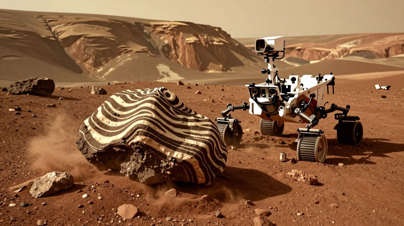 Rover da NASA explorando uma rocha estriada na superfície árida e vermelha de Marte com montanhas ao fundo.