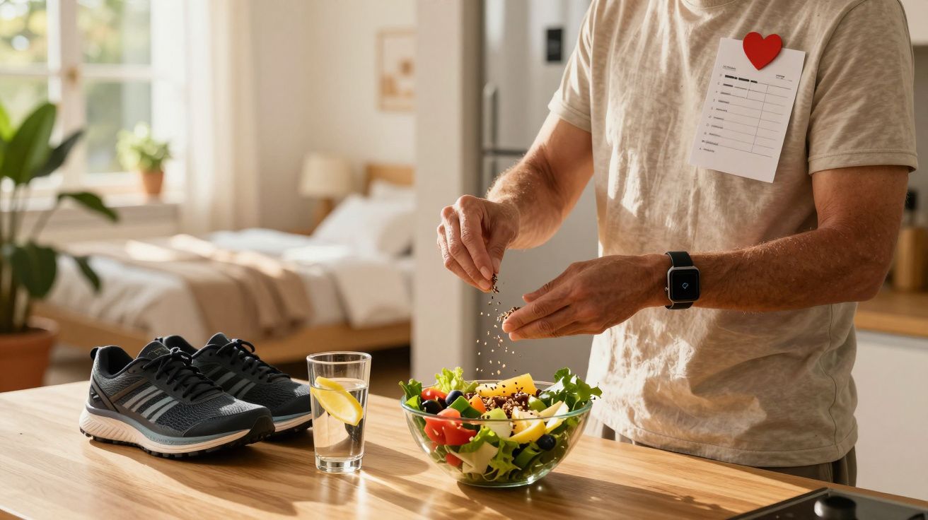 Pessoa tempera salada numa tigela enquanto prepara uma refeição saudável na cozinha moderna.