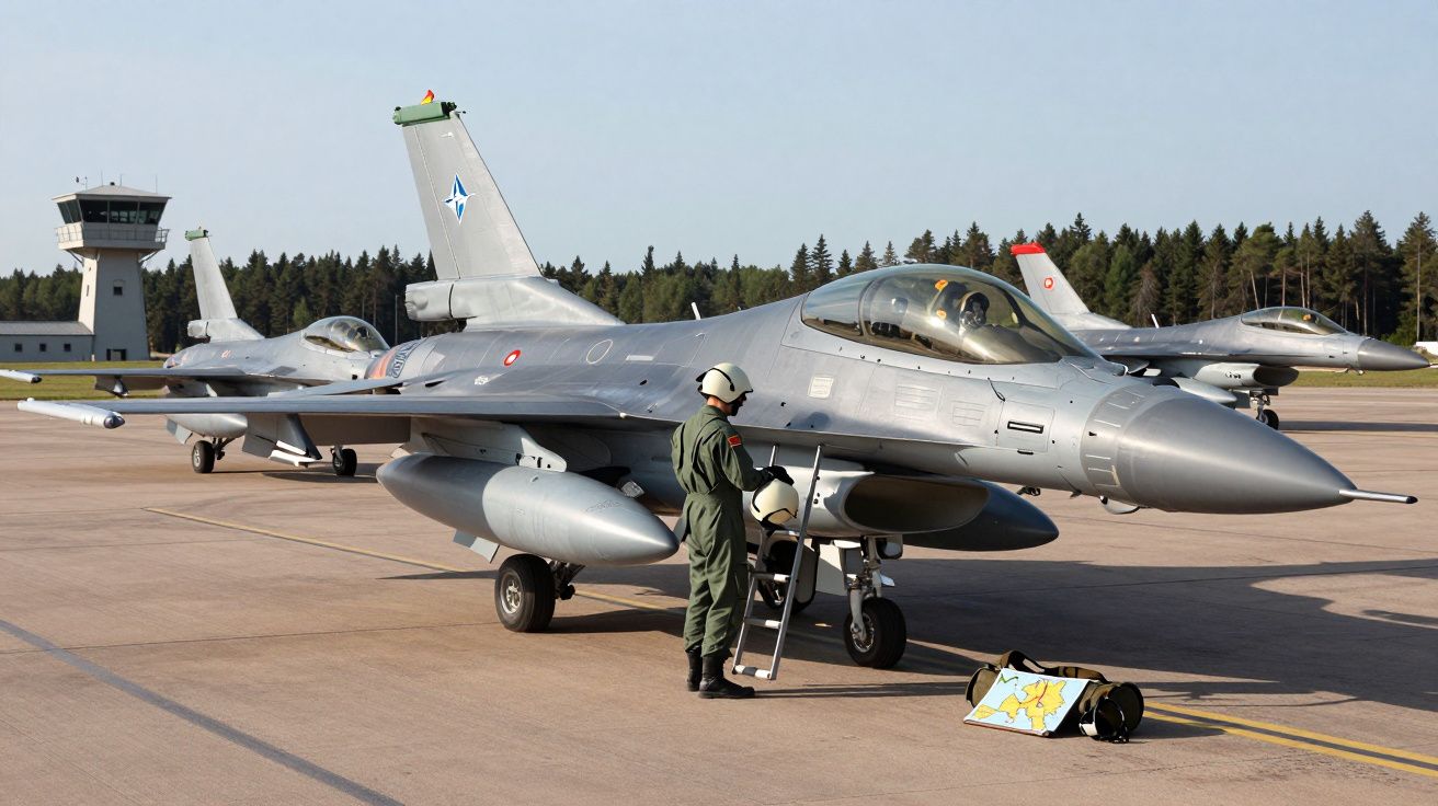 Caça F-16 estacionado na pista com piloto de pé e dois aviões no fundo em base aérea.