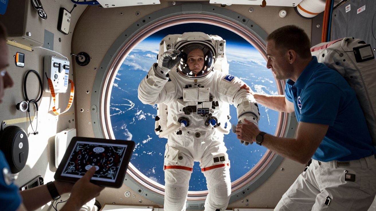 Astronauta em fato espacial na câmara da ISS, com outro astronauta a segurá-lo e a Terra visível pela janela circular.