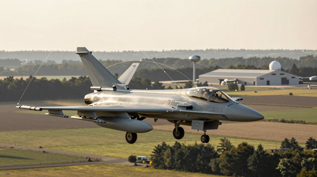 Caça militar cinzento em voo baixo sobre área rural com edifícios e árvores ao fundo ao pôr do sol.