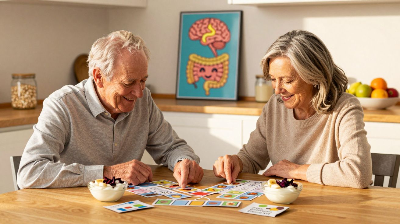 Casal sénior sentado à mesa a jogar um jogo de tabuleiro na cozinha iluminada pela manhã.