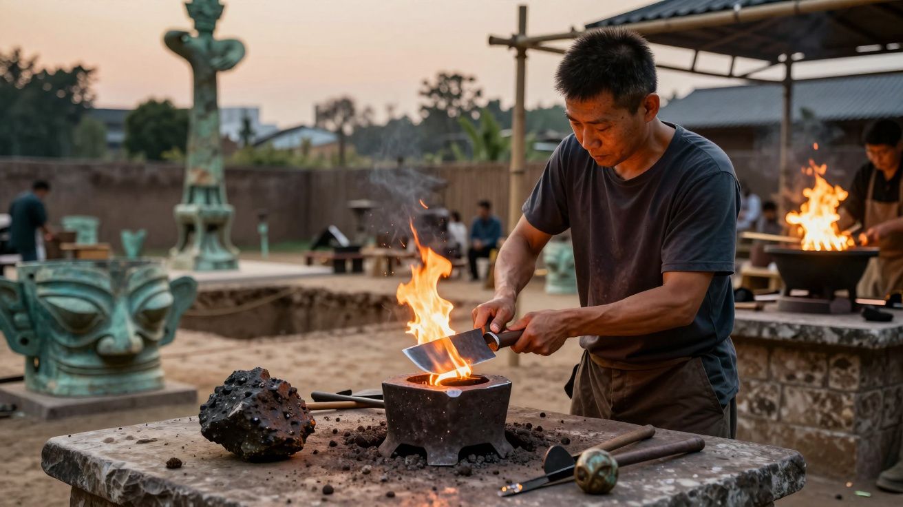 Homem a forjar uma faca em ambiente tradicional ao ar livre durante o pôr do sol.