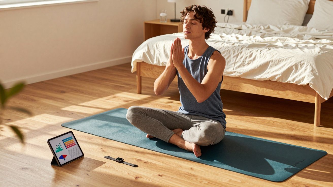 Homem sentado em tapete de yoga a meditar em quarto iluminado, com tablet e relógio ao lado.