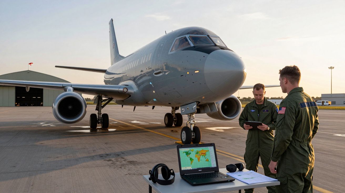 Avião cinzento estacionado no aeródromo com dois militares e uma mesa com laptop e equipamentos.