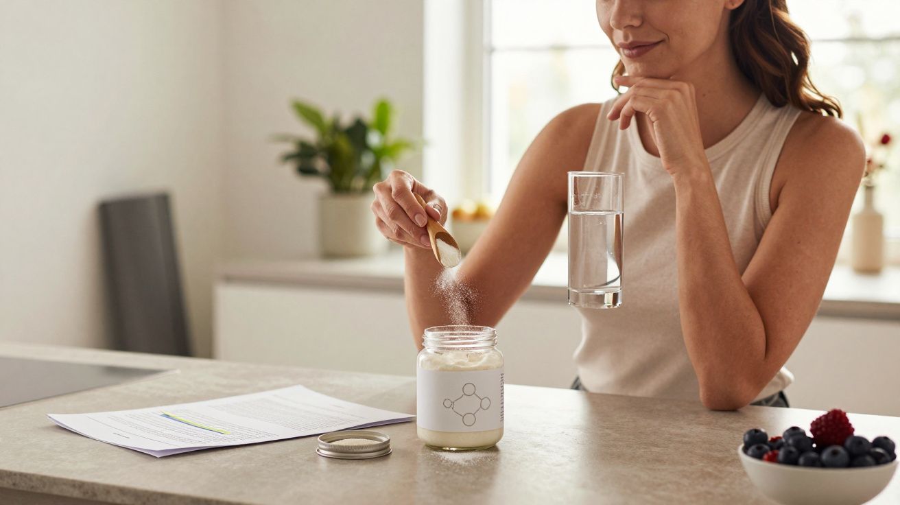 Mulher a colocar suplemento em pó numa bebida, segurando copo de água numa cozinha iluminada.