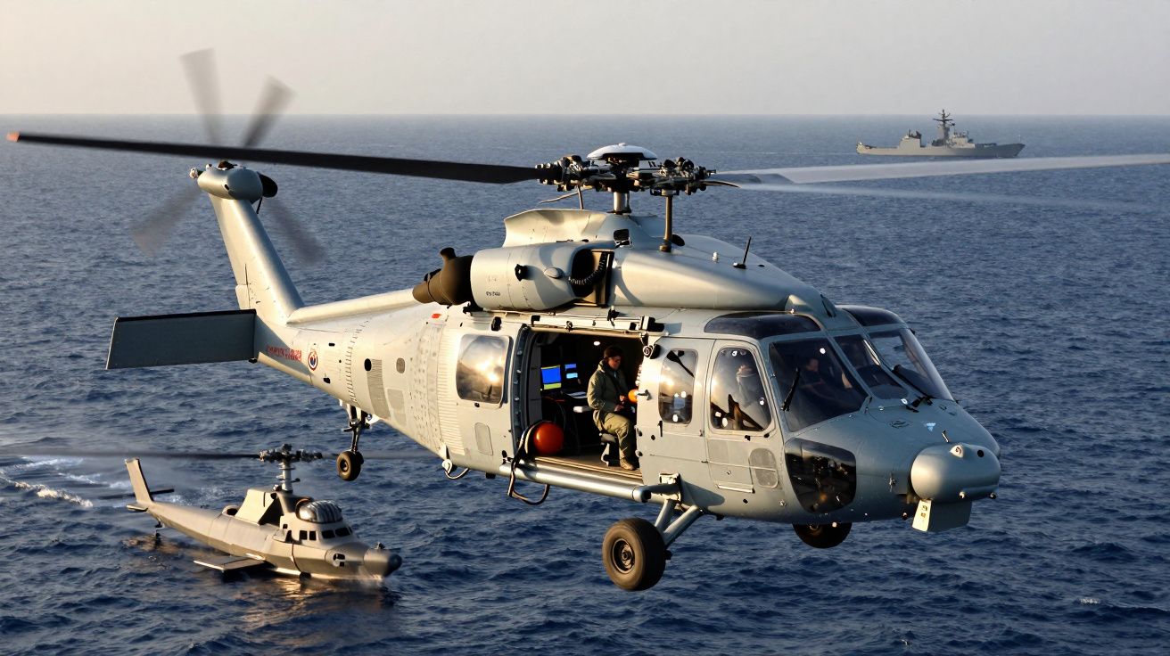 Helicóptero militar cinzento a voar sobre o mar com dois navios de guerra ao fundo e um marinheiro na porta aberta.