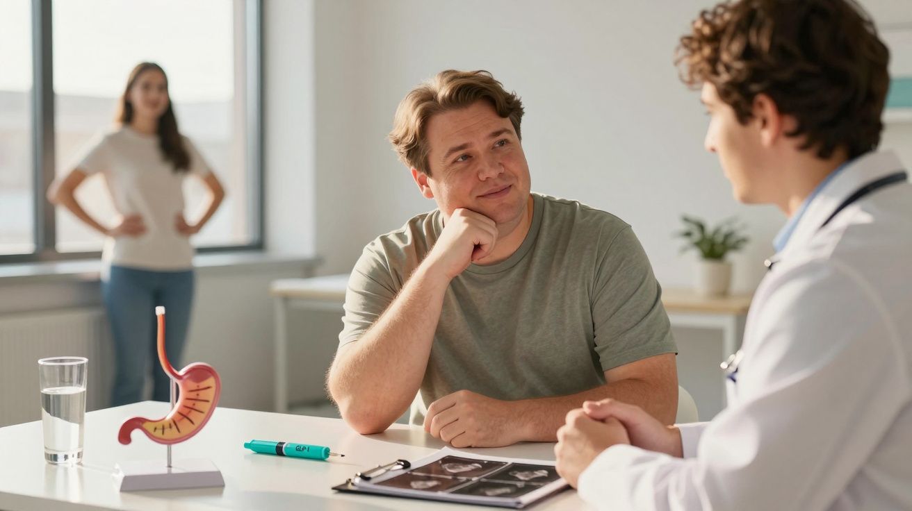 Homem a consultar médico num consultório, com modelo de estômago e exames na mesa.