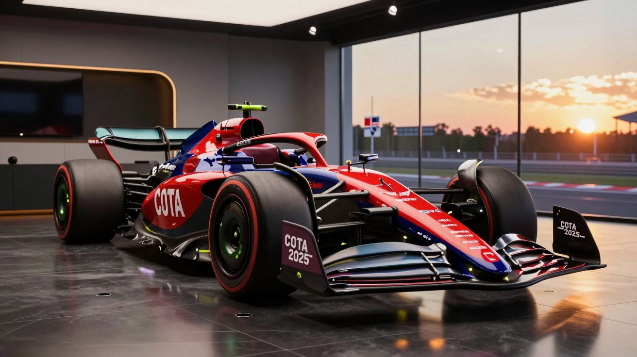 Carro de Fórmula 1 da equipa COTA 2025 exposto em garagem com janela para pôr do sol.